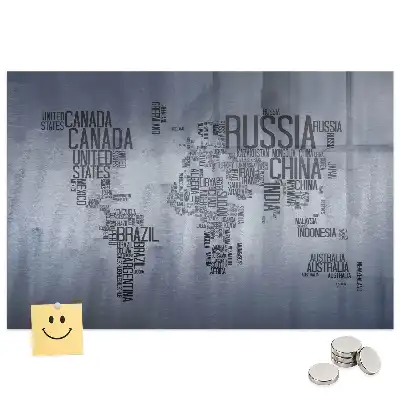 Tableau magnétique en verre avec carte du monde typographique