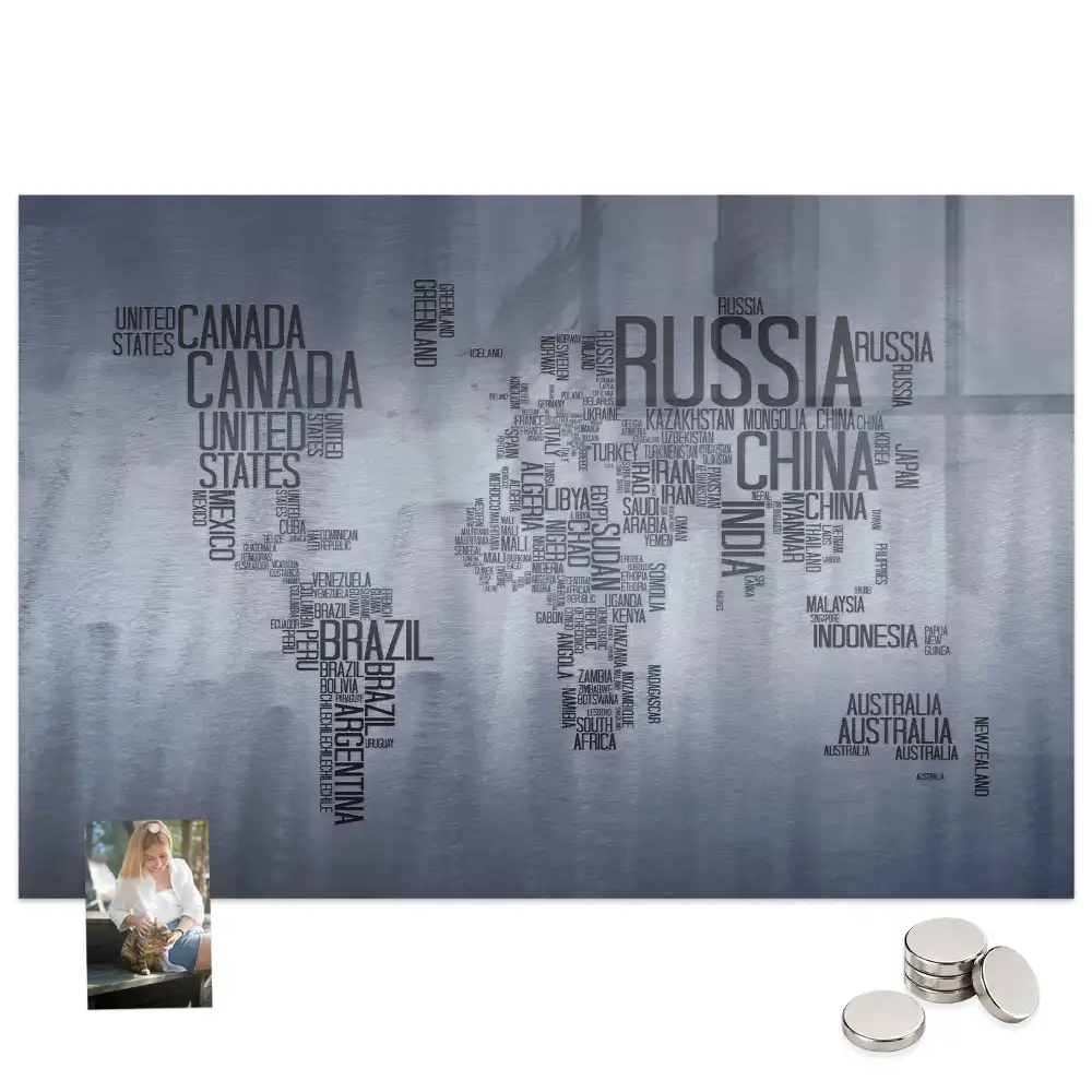 Tableau magnétique en verre avec carte du monde typographique