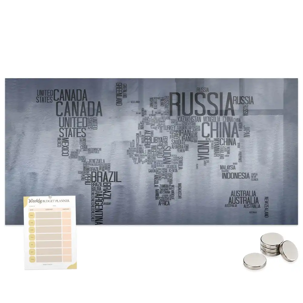 Tableau magnétique en verre avec carte du monde typographique