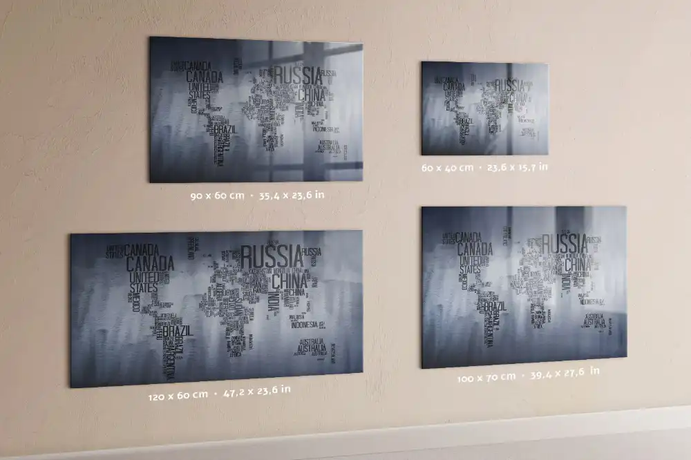 Tableau magnétique en verre avec carte du monde typographique