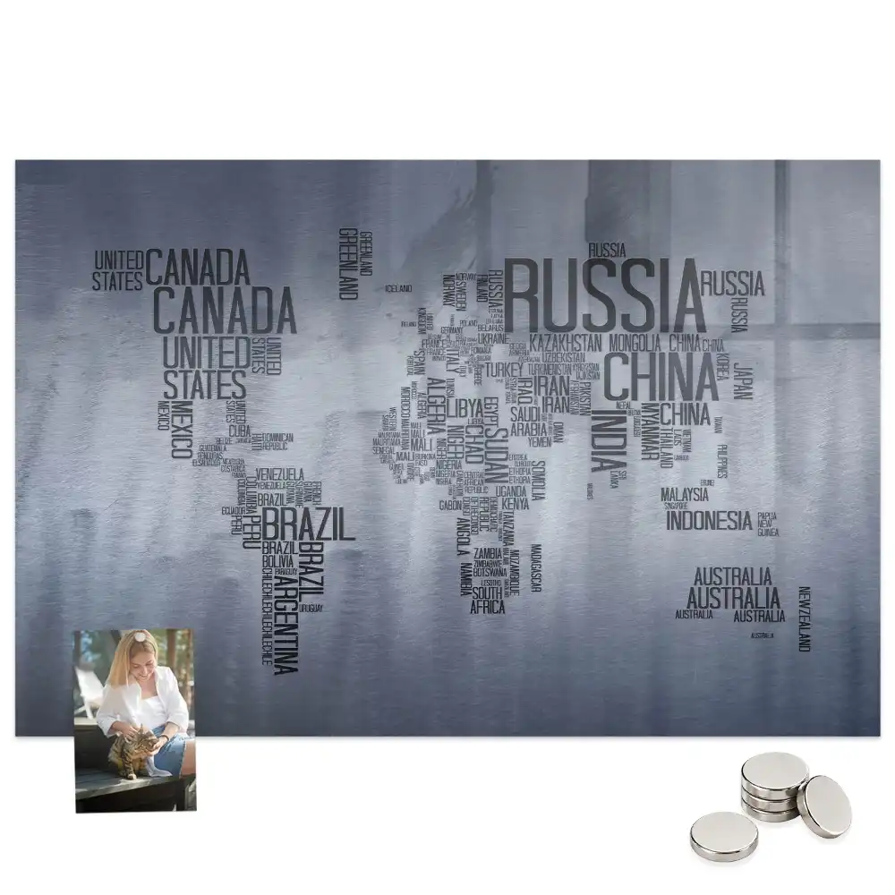 Tableau magnétique en verre avec carte du monde typographique