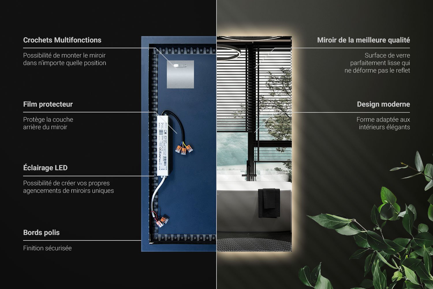 Informations techniques du miroir LED rectangulaire