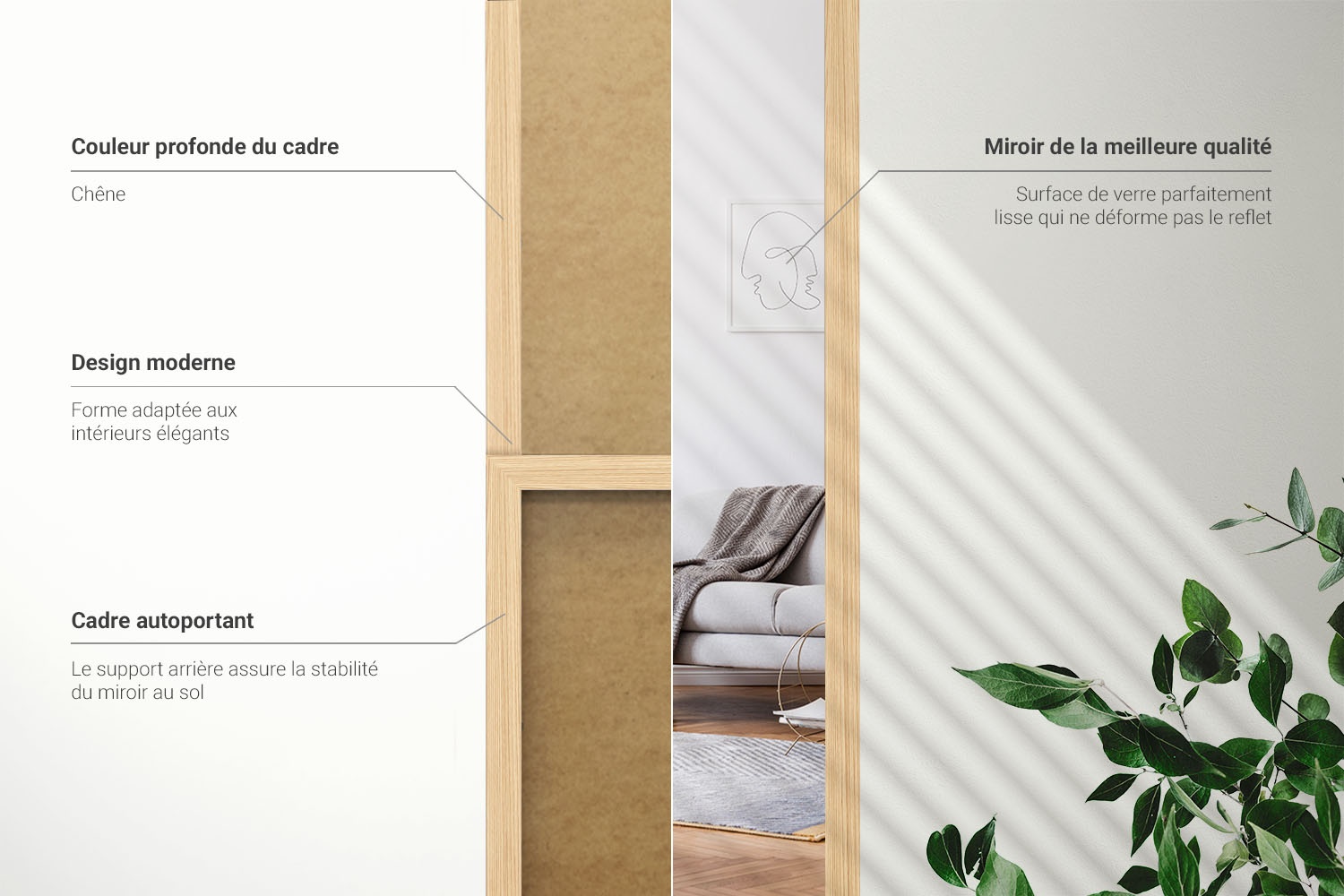 Informations sur le miroir avec cadre en ch&ecirc;ne