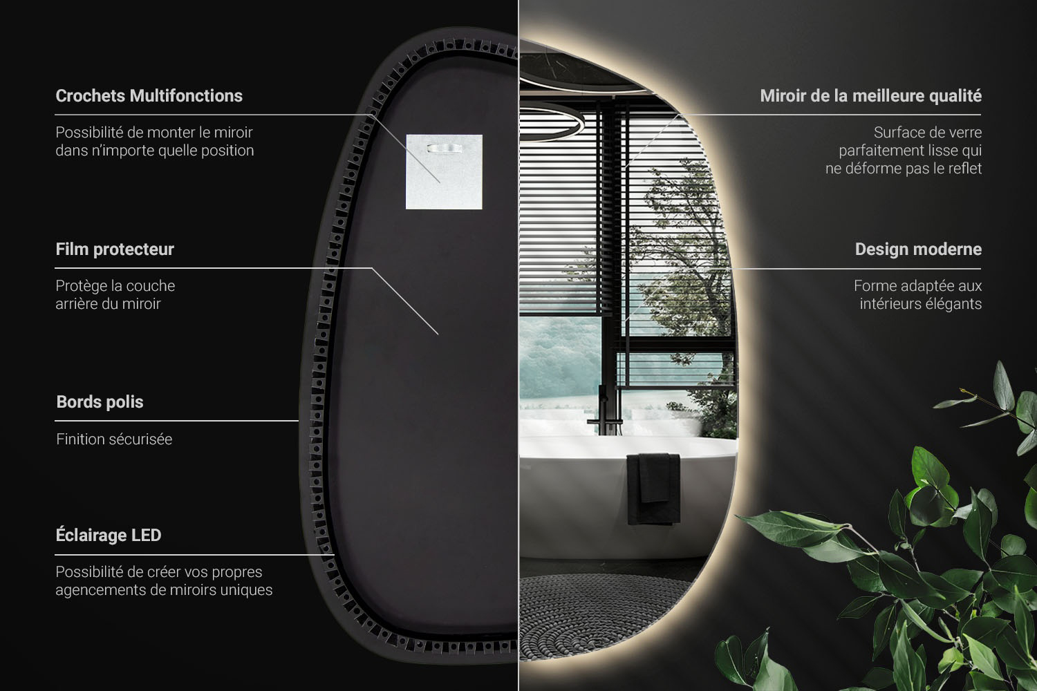 Informations techniques du miroir LED forme organique